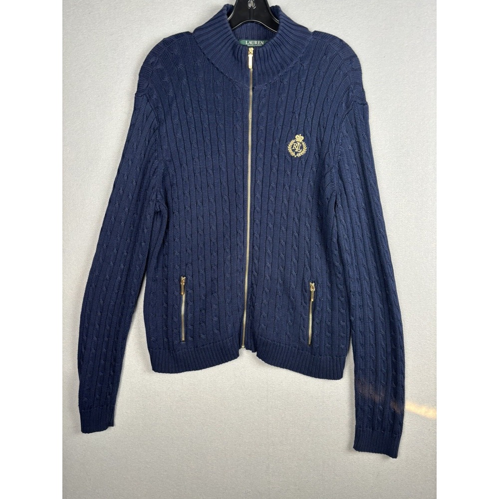 Lauren Ralph Lauren Sweater Womens XL Blue Cable Knit Crown Crescent Zip 3186